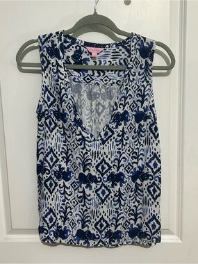 Lilly Pulitzer Sleeveless Rayon Tank Top Blue White Resort Wear Size M